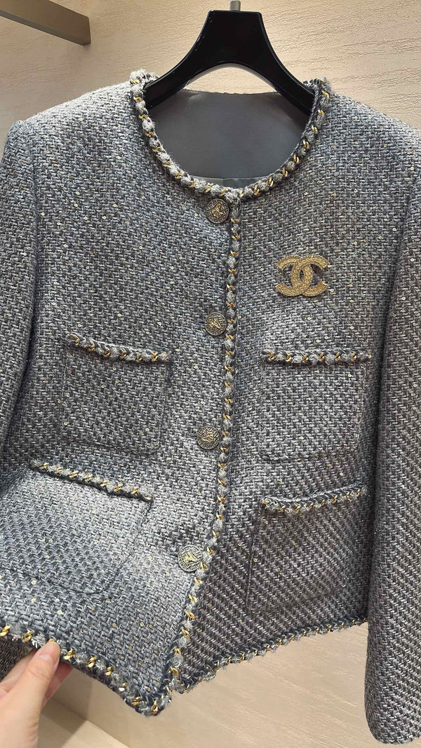 CC Jacket Gold Trim Gray Tweed 415620