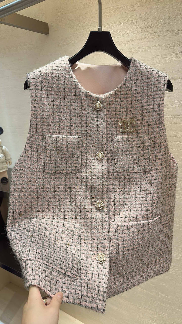 CC V-Neck Tweed Vest Jacket Mist Pink Multicolor 415648