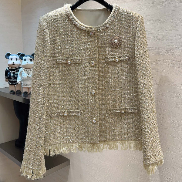 CC Sunflower Brooch Fringe Jacket Light Gold Tweed 415576