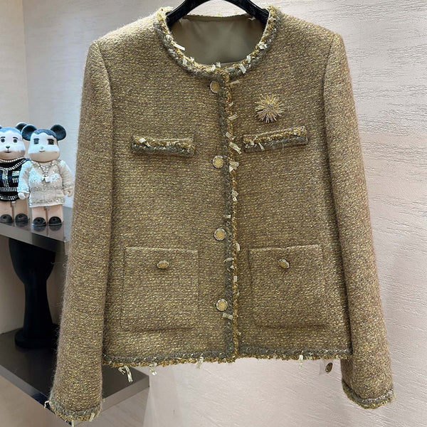 CC Sunflower Brooch Jacket Olive Gold Multicolor Tweed 415574