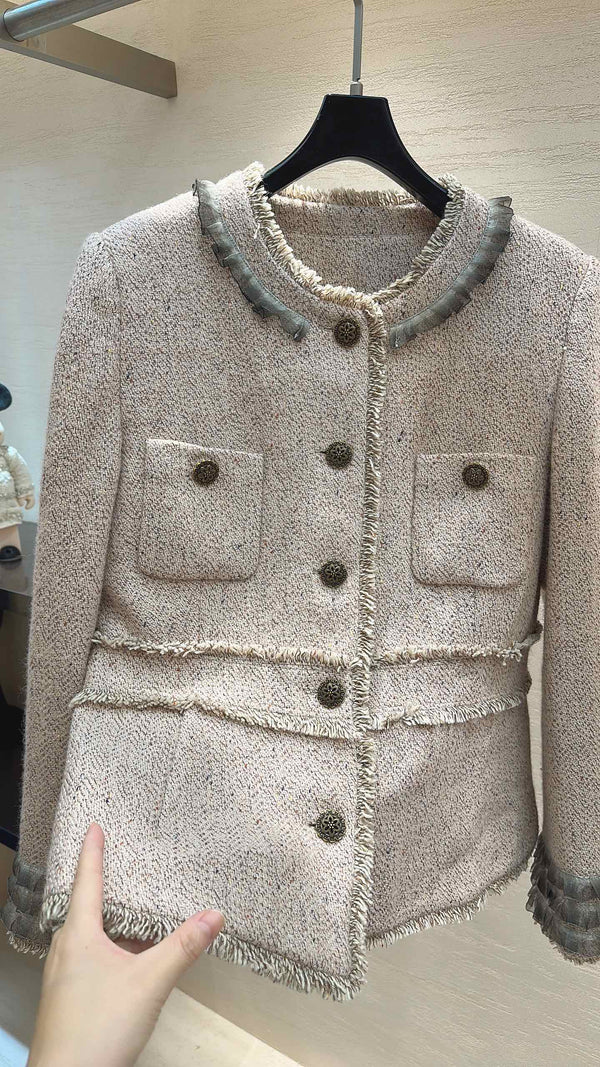 CC Round-Neck Jacket Ruffle Trim Pink Oatmeal Tweed 415603