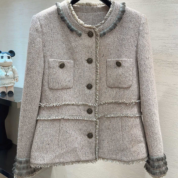 CC Round-Neck Jacket Ruffle Trim Pink Oatmeal Tweed 415603