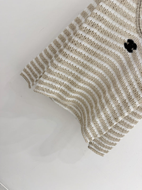 CC Striped V-Neck Sweater Double C Logo Wool 801965