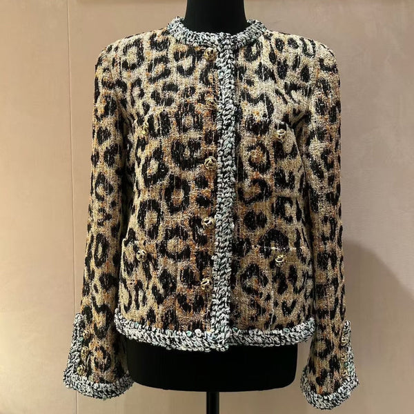 CC Métiers d'Art Leopard Jacket Gold Lion Buttons Brown Black Tweed 418391