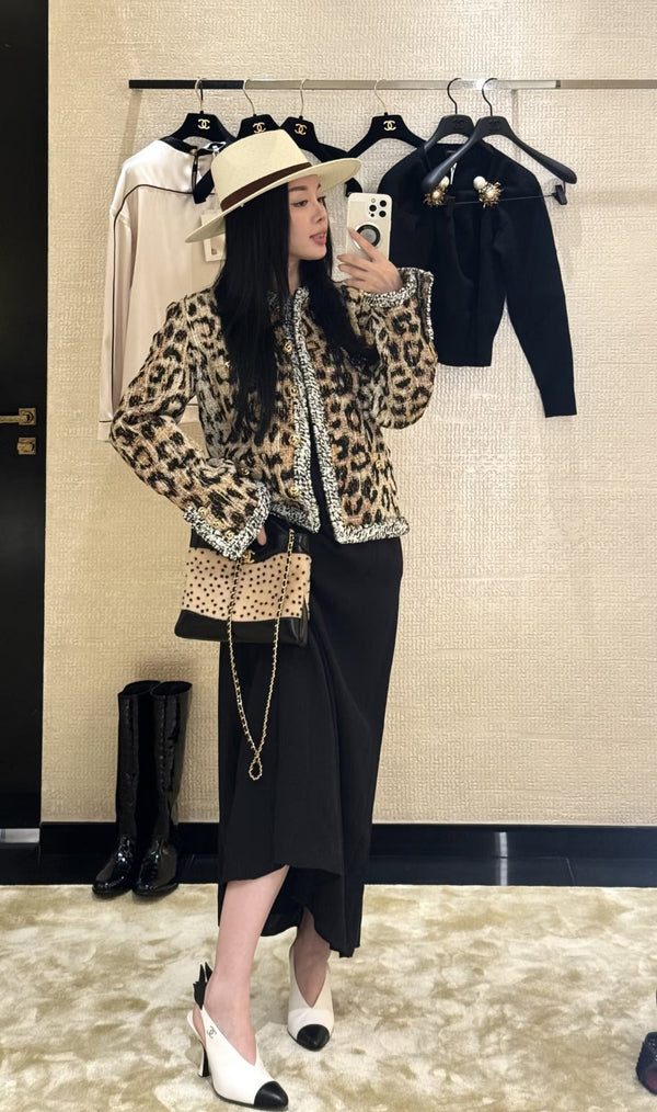 CC Métiers d'Art Leopard Jacket Gold Lion Buttons Brown Black Tweed 418391