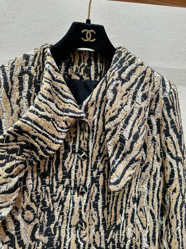 CC Métiers d'Art Animal Pattern Jacket Brown Black White Cotton Silk