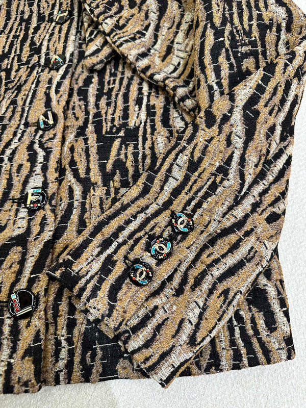 CC Métiers d'Art Animal Pattern Jacket Brown Black White Cotton Silk