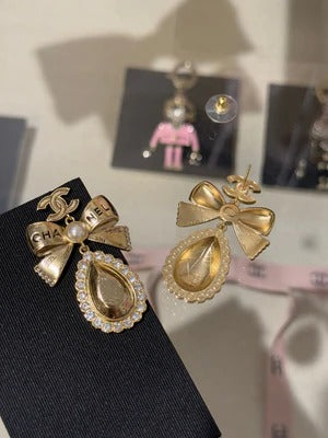 CC Gold Bow Pearl Letter Carved Double C Teardrop Crystal Earrings