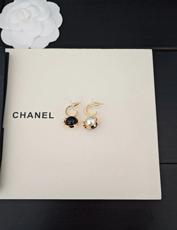 CC Double C Black White Ball Gold Earrings