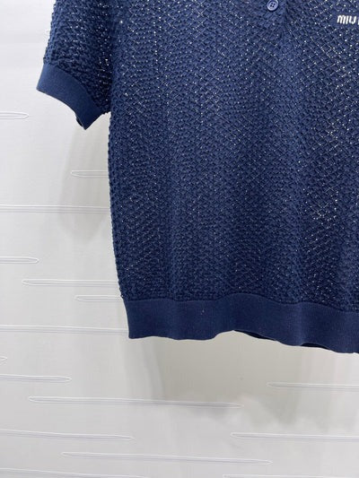 Miu 2026 Hollow-out Knitted Collared Short-sleeved T-shirt Wool Cashmere 374995