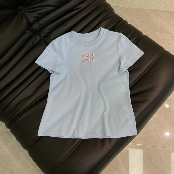Miumiu 2026 Heart-Embroidered Short-sleeved T-shirt Cotton 345844