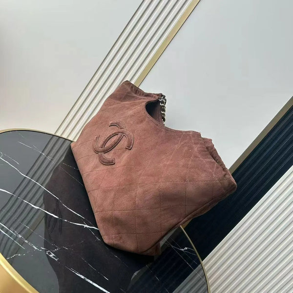 CC 26s Quilted Neo Cabas Shopping Tote Bag 38cm Dark Brown Suede