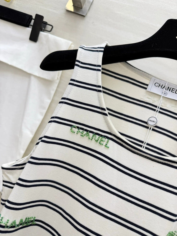 Chanel 2026 Striped Embroidered Vest White Black Cotton 213363