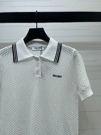 Miu 2026 Hollow-out Knitted Collared Short-sleeved T-shirt Wool Cashmere 374995