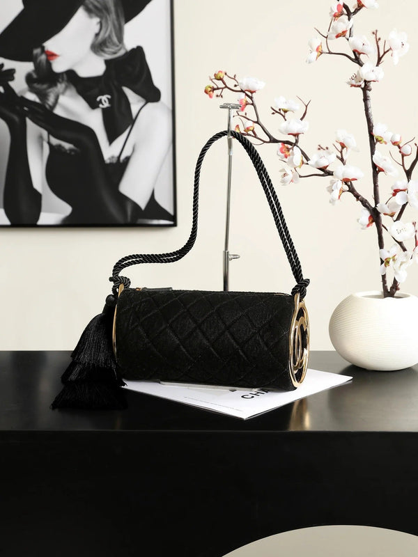 CC 2026 Tassel Cylindrical Bag 23.5cm Black Velvet