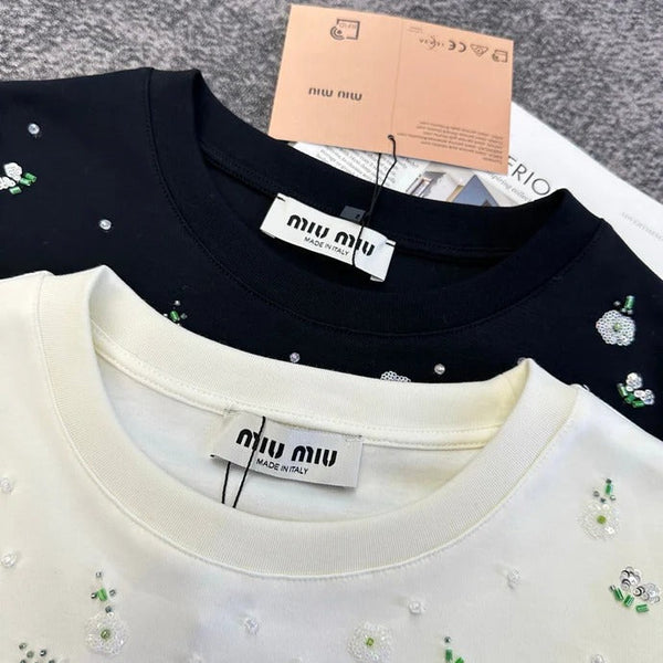 Miu 2026 Floral Embroidered Short-Sleeve T-Shirt Cotton 374766