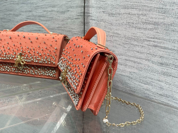 CD 2026 Crystal Embellishments Lady Bag 24cm Coral Orange Leather 355276
