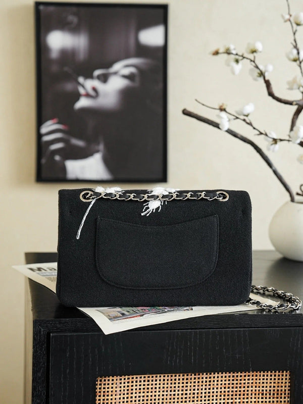 CC 2026 Wheat Embroidery Bag 25.5cm Black Velvet Leather