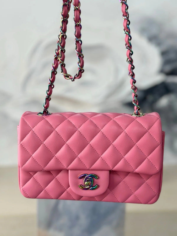 CC 26s Flap Bag 20cm Pink Quilted Leather Rainbow Buckle