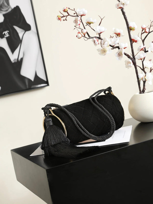 CC 2026 Tassel Cylindrical Bag 23.5cm Black Velvet