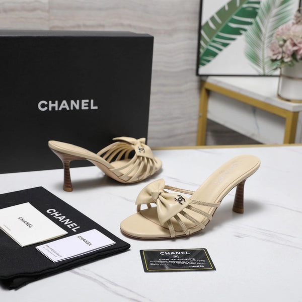 CC 2026 High-heeled Sandals With Delicate Bow 80mm Beige Cowhide 758428