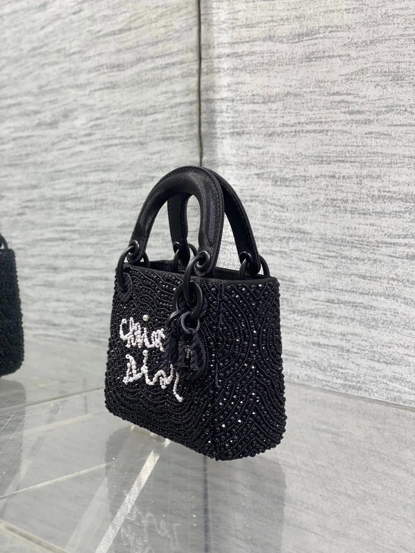 CD 2026 Lady Art Mini Bag 12cm Black Cotton Leather 352144