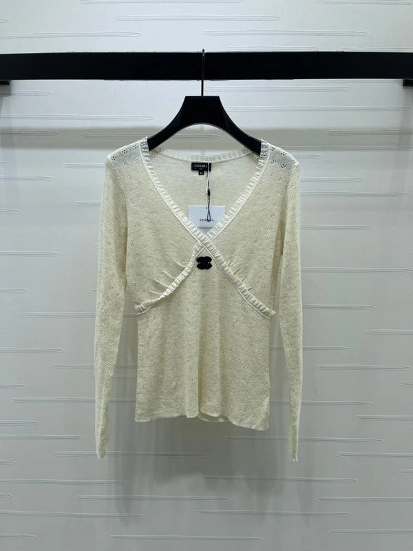 CC 2026 Lace-trimmed Knit V-neck Long-sleeved Top Wool 773815
