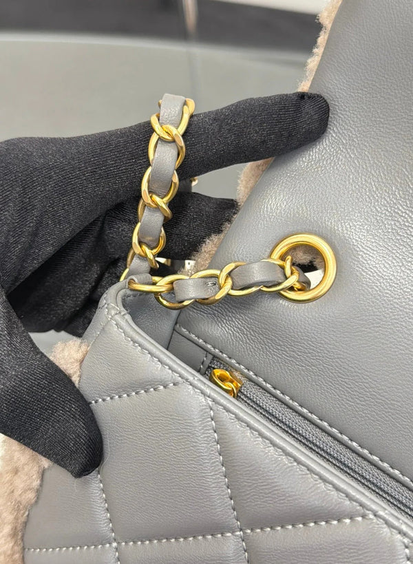 CC 2026 Flap Bag Grey Beige Shearling Leather