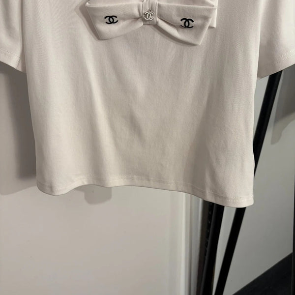 Chanel 2026 Logo Bow Short-sleeved T-shirt White Cotton 150111