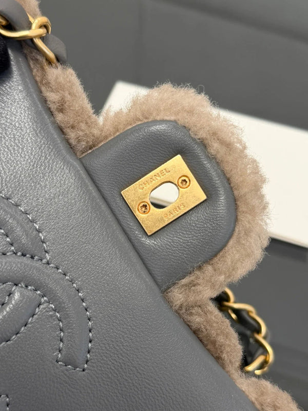 CC 2026 Flap Bag Grey Beige Shearling Leather