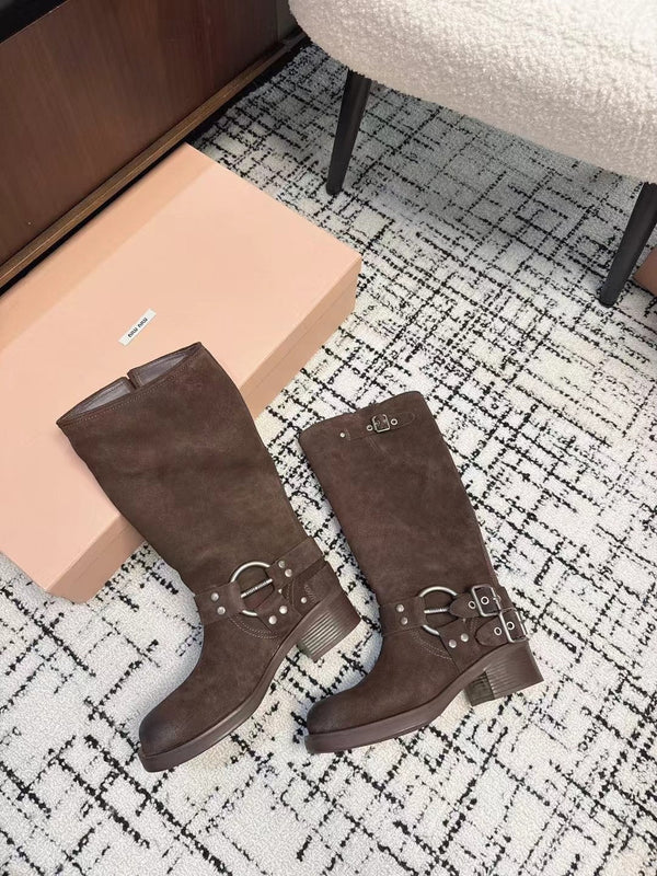 Miu 2026 High-Top Biker Boots Suede Calfskin 952185