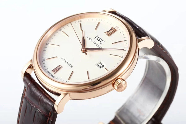 IWC Portofino 40mm White Dial Pink Gold Case Brown Leather
