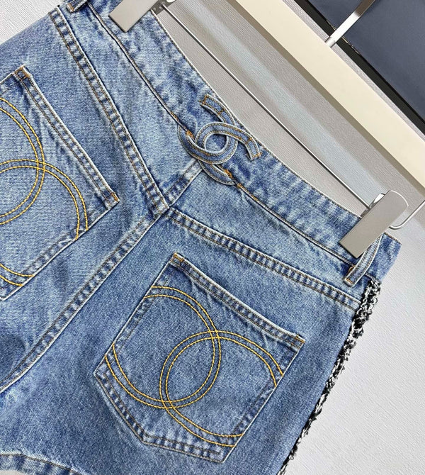 Chanel 2026 Patchwork and Hemmed Denim Shorts Blue Cotton 239252