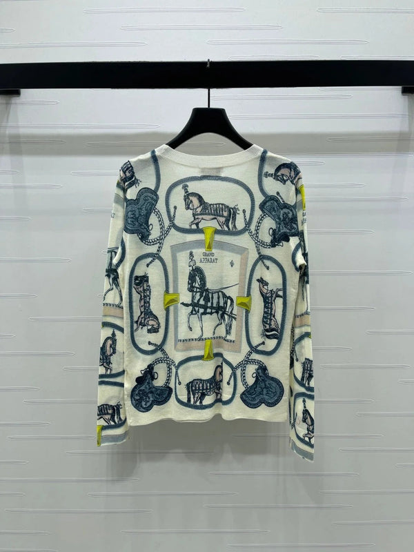 HM 2026 Horse Print Long Sleeve Top Cream Blue Wool 417088
