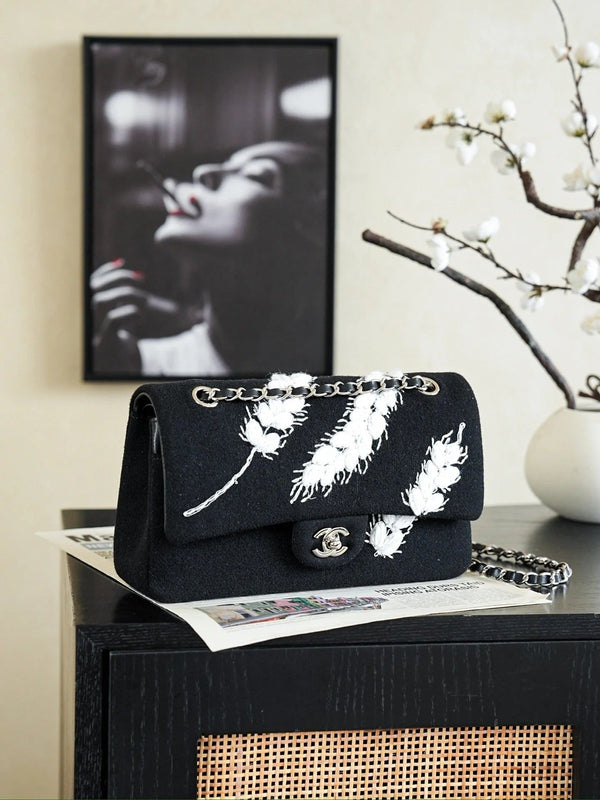 CC 2026 Wheat Embroidery Bag 25.5cm Black Velvet Leather