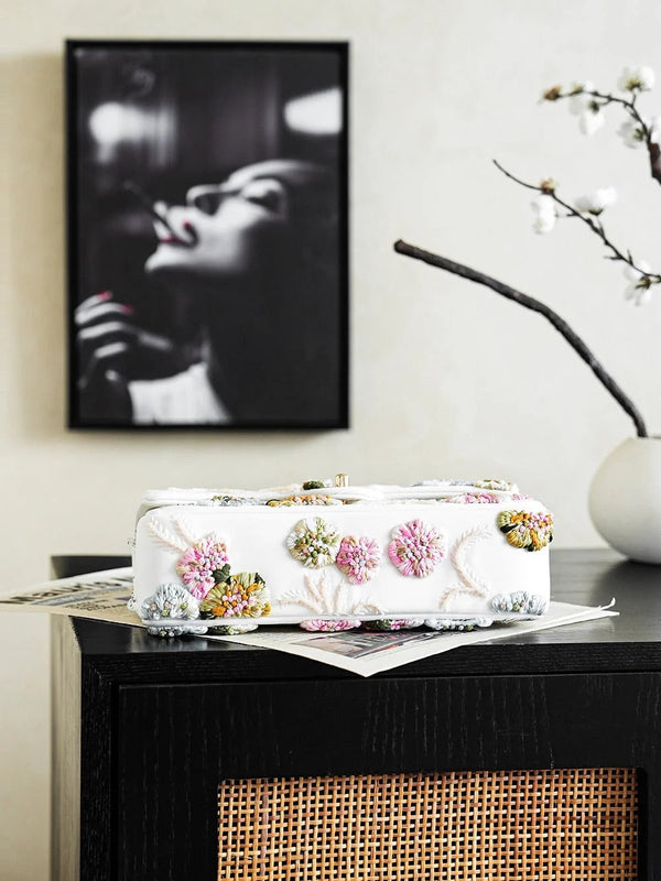 CC 26s Multi-colored Floral Embroidery Bag 25.5cm White Leather