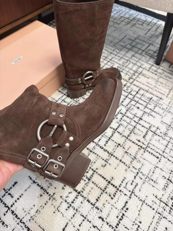 Miu 2026 High-Top Biker Boots Suede Calfskin 952185