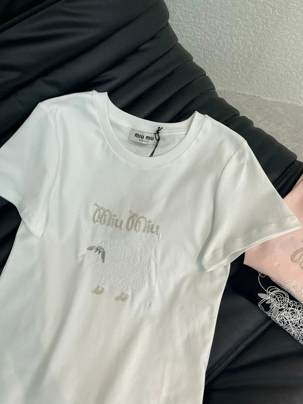 Miumiu 2026 Embroidered Sheep Short-Sleeve T-Shirt Cotton 343442