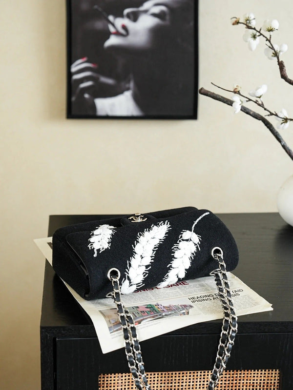 CC 2026 Wheat Embroidery Bag 25.5cm Black Velvet Leather