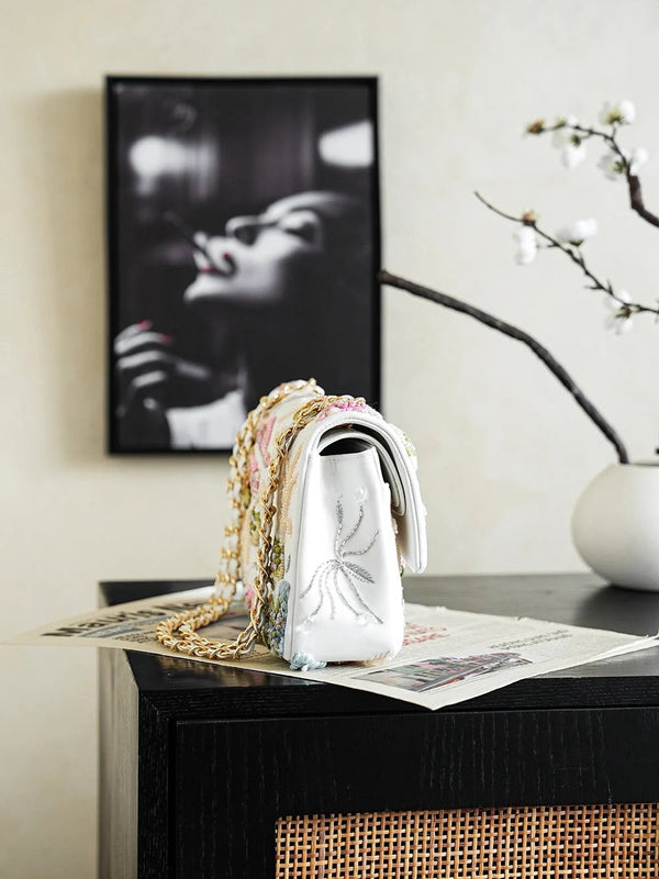 CC 26s Multi-colored Floral Embroidery Bag 25.5cm White Leather