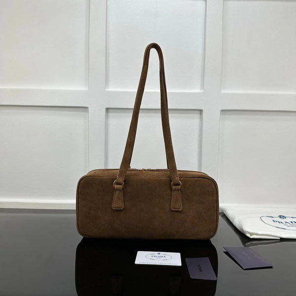 Prad 2026 Hobo Bowling Shoulder Bag 27cm Brown Suede Calfskin