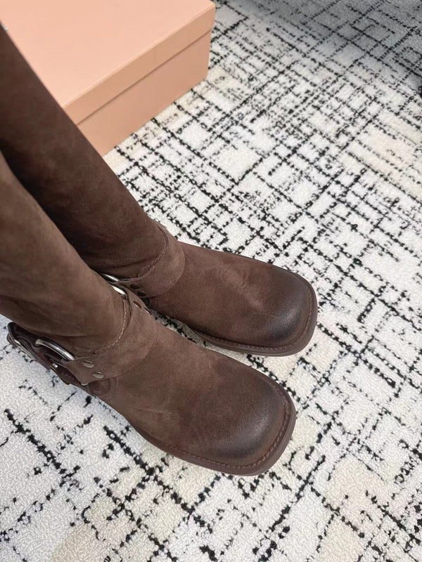 Miu 2026 High-Top Biker Boots Suede Calfskin 952185