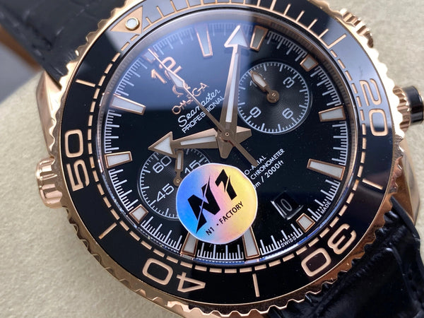 Omega Seamaster 46mm Black Dial Pink Gold Case Crocodile Leather