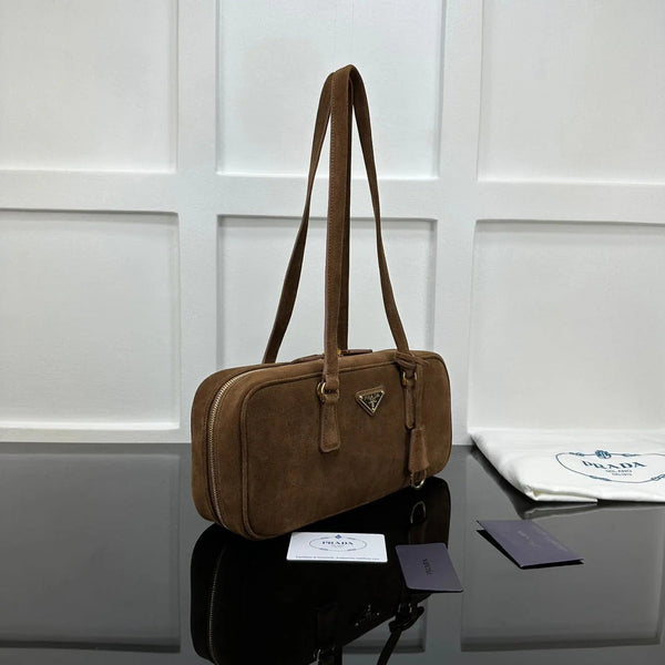 Prad 2026 Hobo Bowling Shoulder Bag 27cm Brown Suede Calfskin