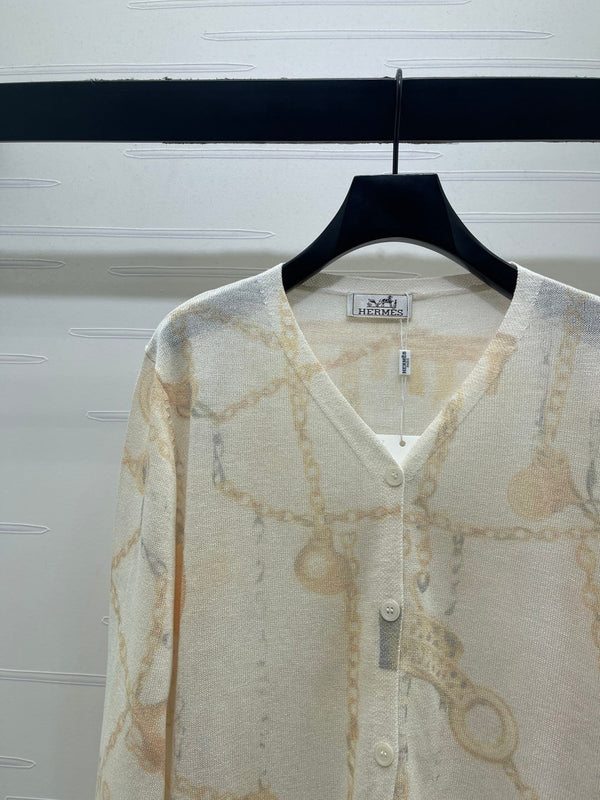 HM 2026 Printed V-neck Knit Long-Sleeve Cardigan Cream Wool 661988