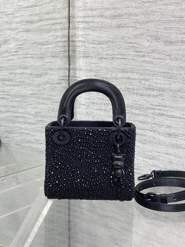 CD 2026 Lady Art Mini Bag 12cm Black Cotton Leather 352144