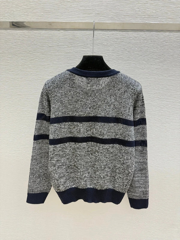 Chanel 2026 Striped Crew Neck Knit Long Sleeve Gray Wool 244670
