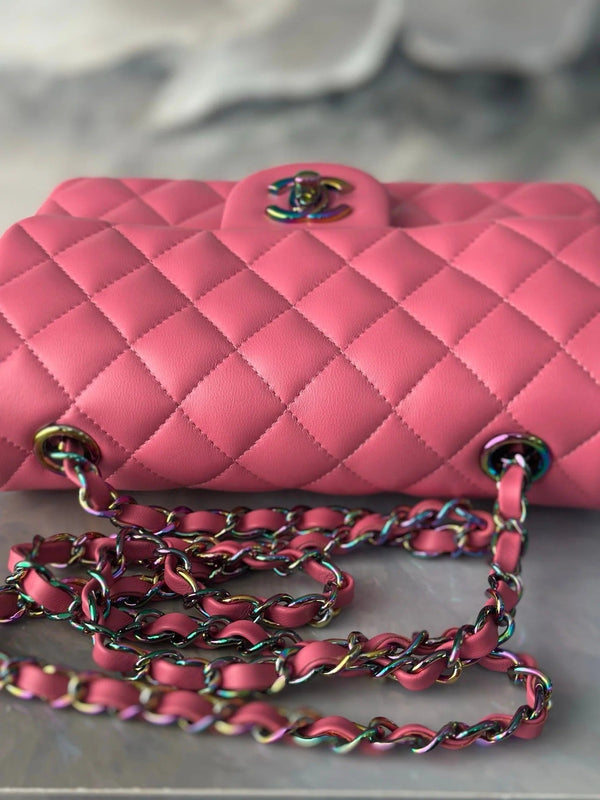 CC 26s Flap Bag 20cm Pink Quilted Leather Rainbow Buckle