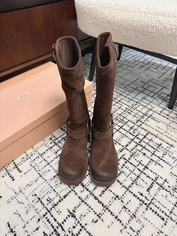 Miu 2026 High-Top Biker Boots Suede Calfskin 952185