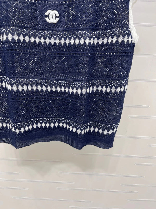 CC 2026 Hollow-out Striped Knit Vest Navy Blue Viscose 677769